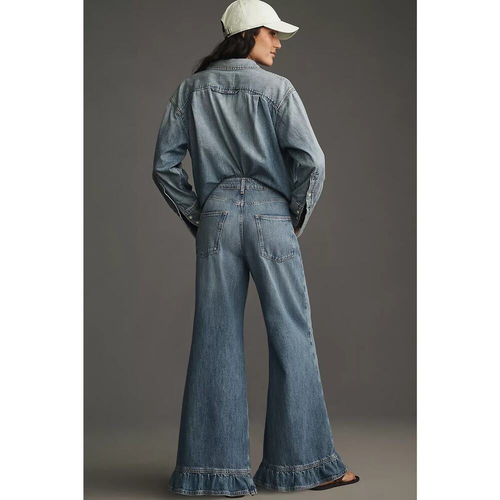 Pilcro Solene High Rise Wide Leg Ruffle Flare Blue Denim Jeans Size 30 Tall - Picture 2 of 15